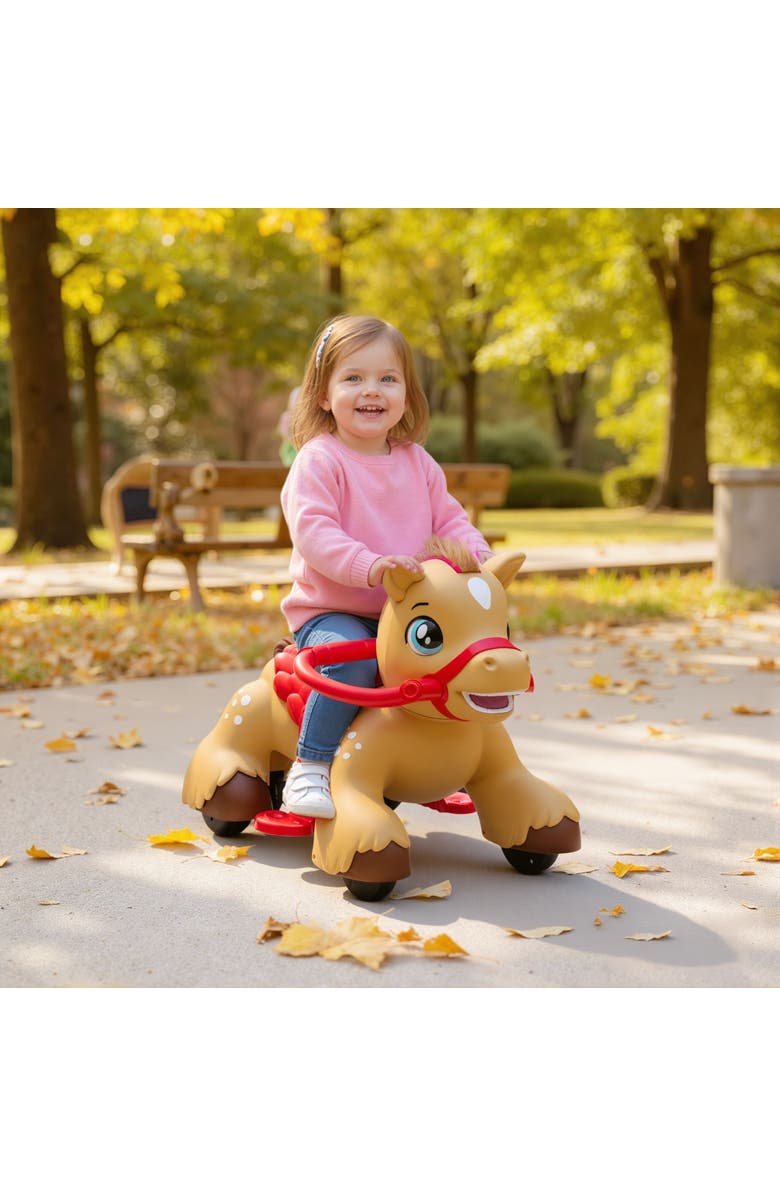 Qaba 12V Ride On Horse Toy Battery Powered Ride on Toy with Carrot Toy Comb and Sound Electric Rocking Horse for Toddlers, Alternate, color, Brown