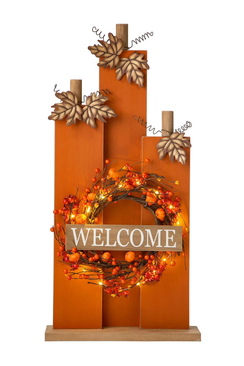 30"H Fall Lighted Wooden Pumpkin Decor with Timer, Main, color, Orange
