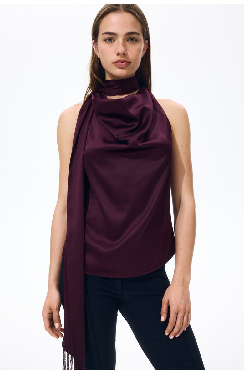 H&M Scarf-detail Satin Top, Alternate, color, Burgundy