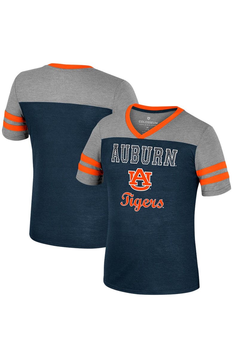 COLOSSEUM Girls Youth Colosseum Navy/Heather Gray Auburn Tigers Summer Striped V-Neck T-Shirt, Main, color, 