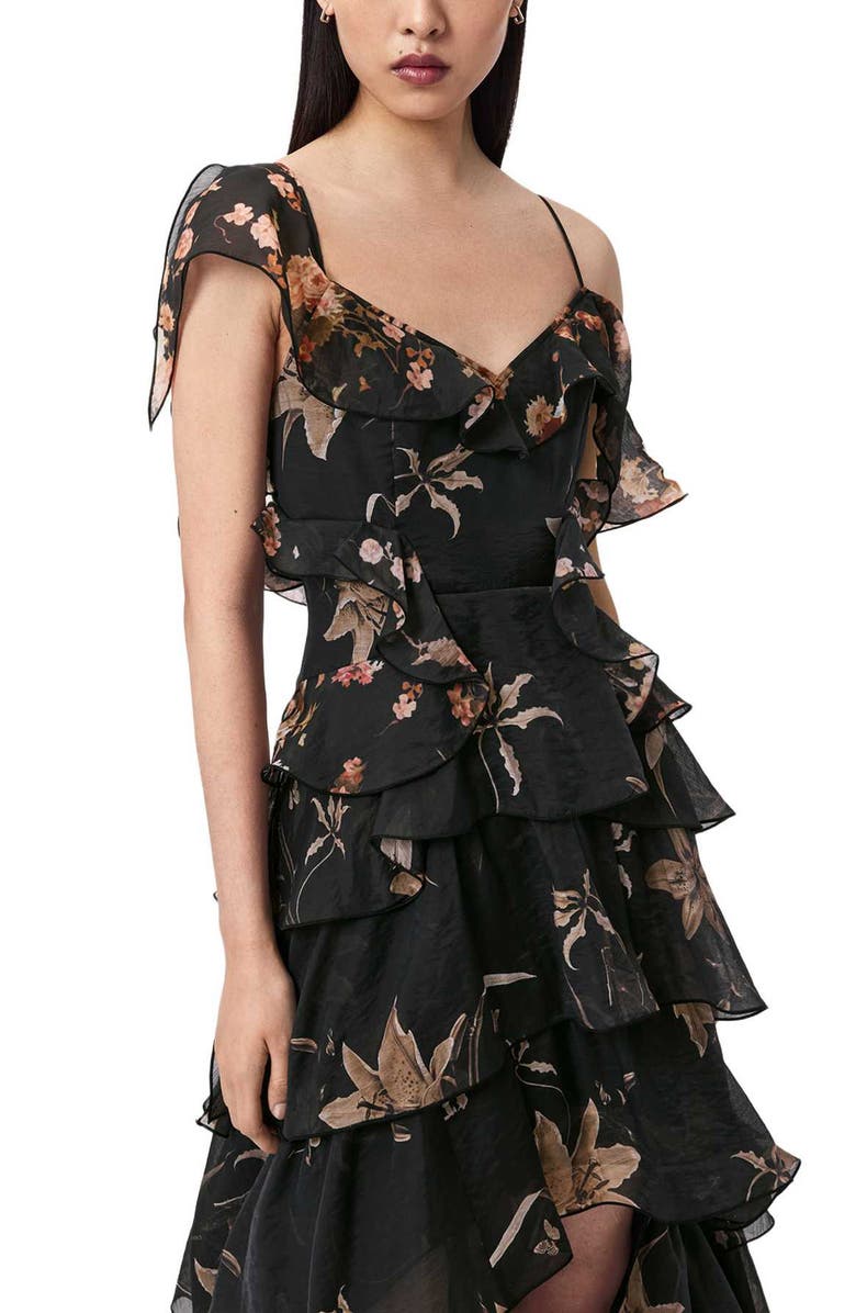 AllSaints Sienna Cold Shoulder Ruffle Tiered High-Low Dress, Alternate, color, Petra Sepia Brown