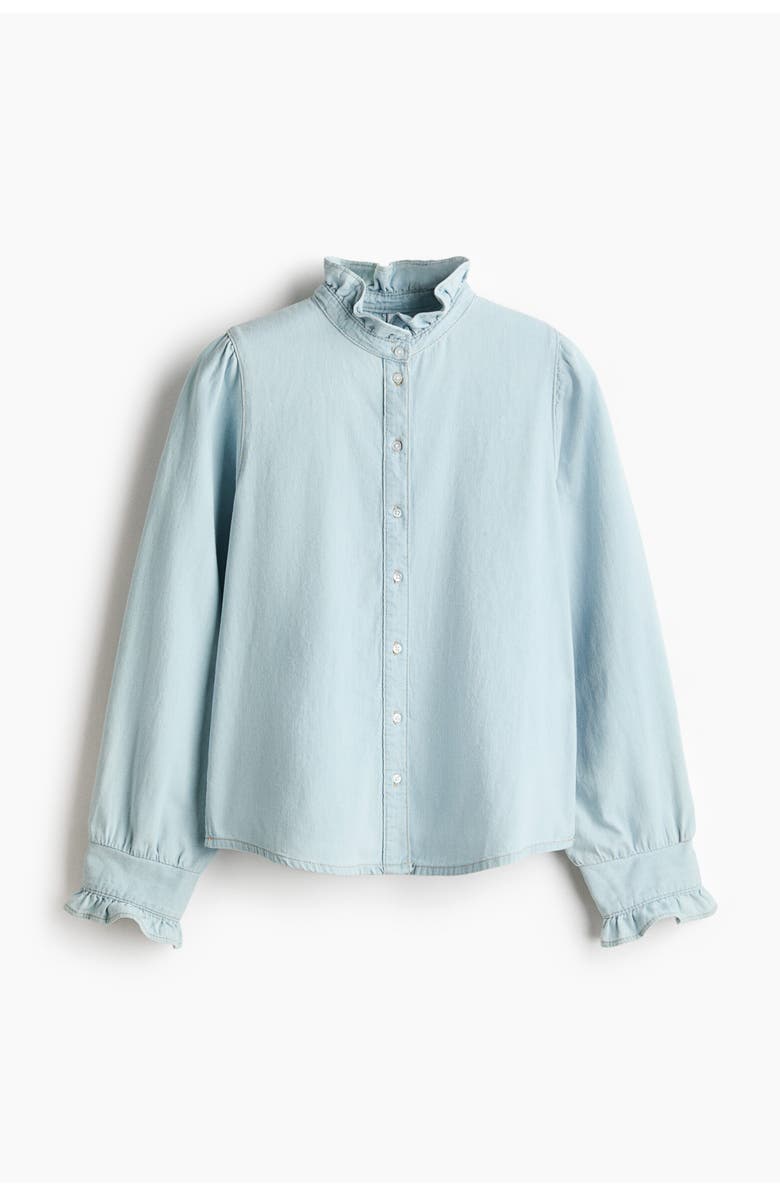 H&M Frill-trimmed Denim Blouse, Main, color, Pale Denim Blue