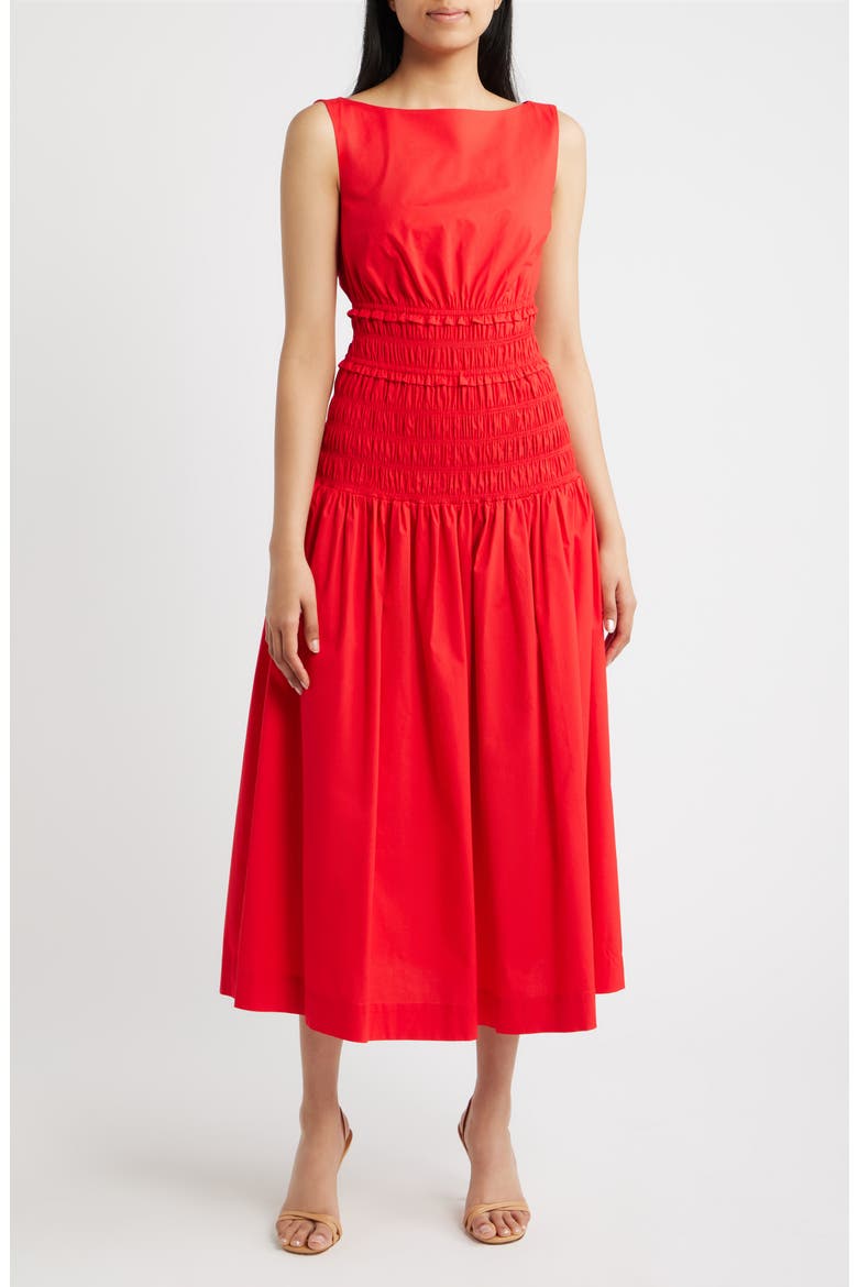 Smocked Waist Sleeveless Midi Dress, Main, color, BEGONIA RED