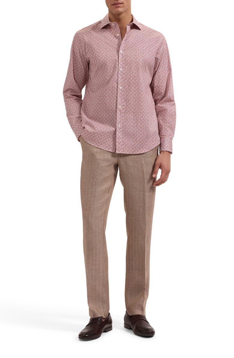 Bugatchi Axel Shaped Fit Mosaic Print Stretch Cotton Button-Up Shirt, Alternate, color, Sienna