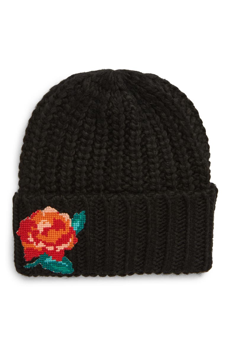 Everything Rosy Floral Appliqué Rib Beanie, Main, color, BLACK