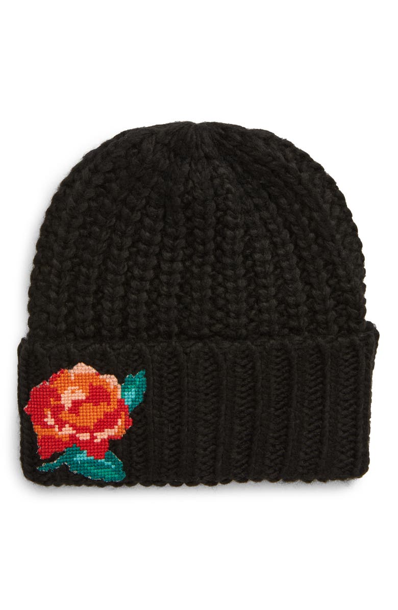 Free People Everything Rosy Floral Appliqué Rib Beanie, Main, color,