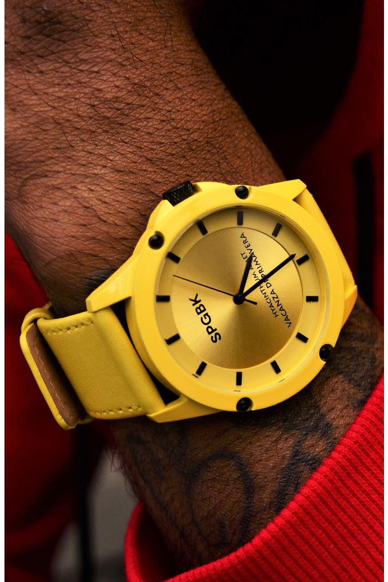 Celebration Leather Strap Watch, 44mm, Alternate, color, YELLOW
