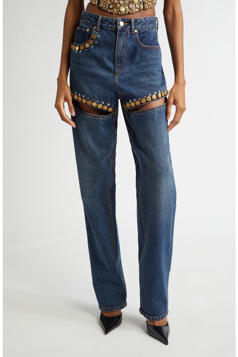 Crystal Button Studded Cutout Straight Leg Jeans, Main, color, DARK BLUE