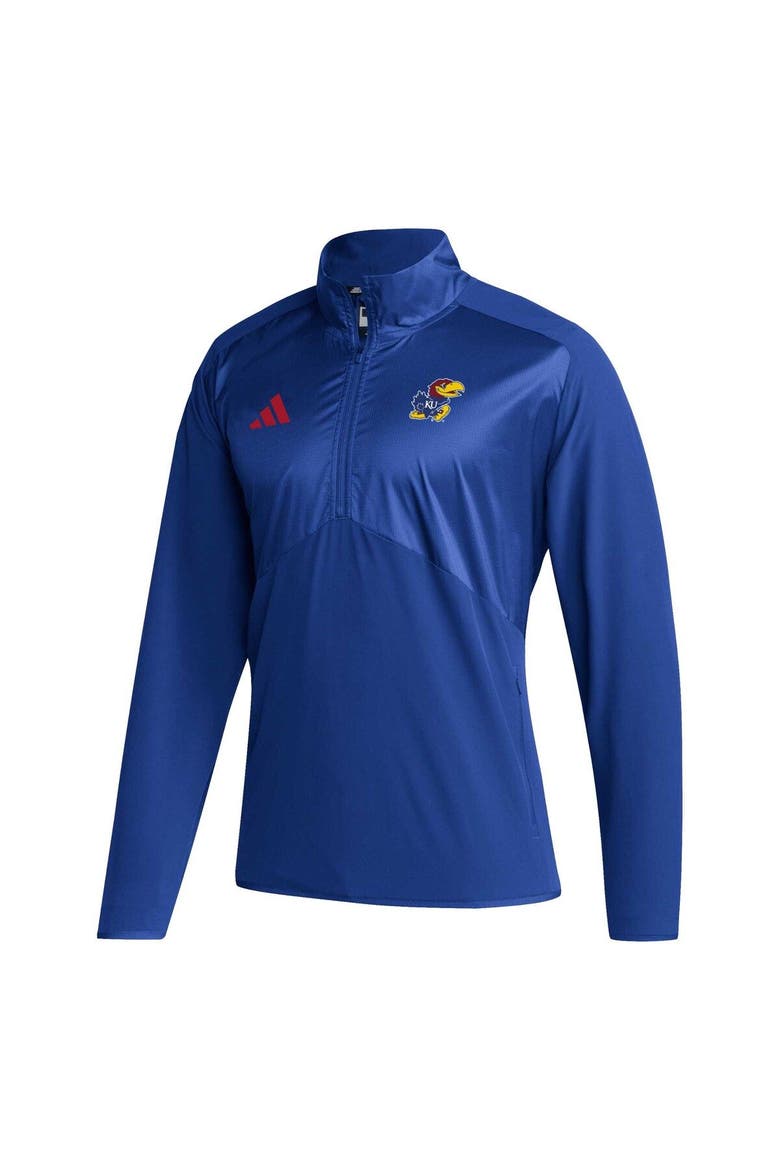 Men's adidas Royal Kansas Jayhawks Sideline AEROREADY Raglan Sleeve Quarter-Zip Jacket, Alternate, color, Royal