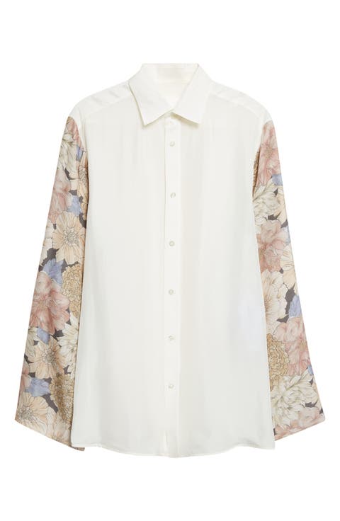 Floral Sleeve Silk Button-Up Shirt