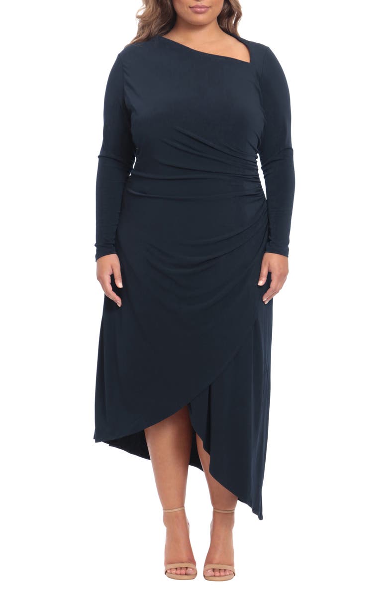 Maggy London Long Sleeve Asymmetric Hem Dress, Main, color, Midnight Blue