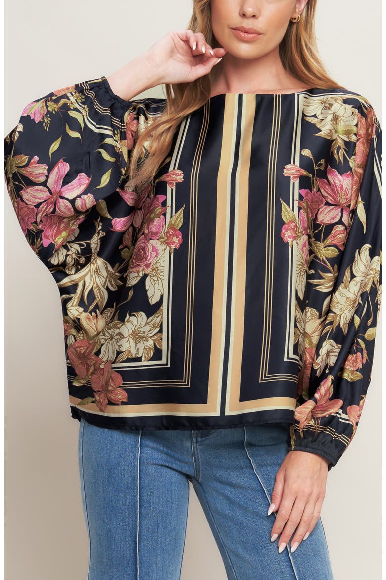 Floral & Stripe Print Satin Top, Alternate, color, BLACK