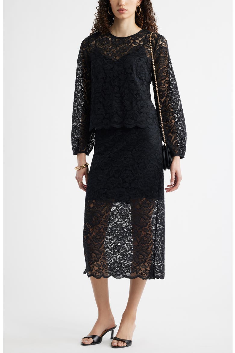 Lace Midi Skirt, Alternate, color, BLACK