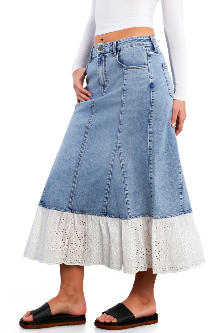 Empress Eyelet Trim Denim Maxi Skirt, Alternate, color, DENIM STORM