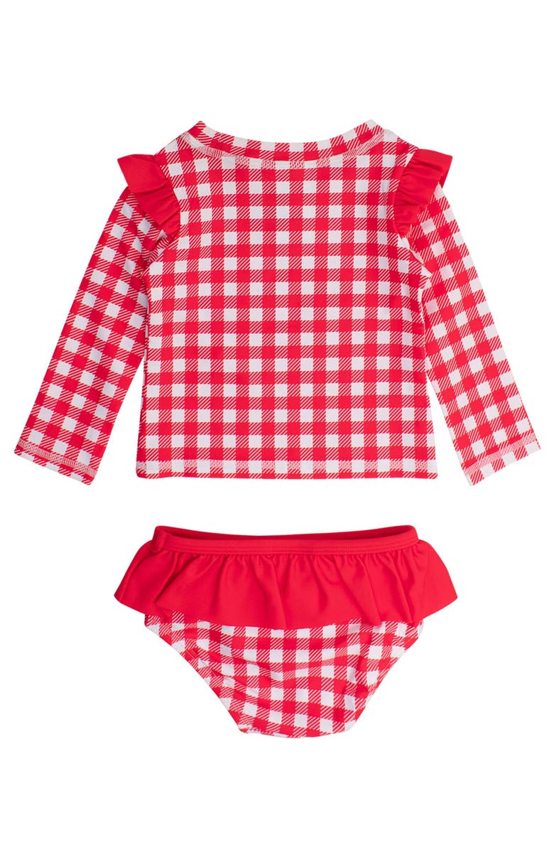RuffleButts Baby/Toddler Girls UPF50+ Sun Protected Skirted Flutter Long Sleeve Rash Guard Bikini, Alternate, color, Vintage Red Gingham