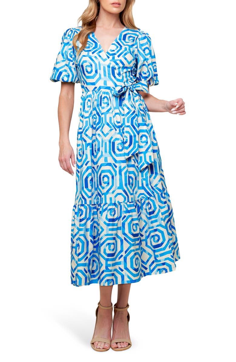 FLYING TOMATO Print Woven Wrap Dress, Main, color, Off White/ Blue