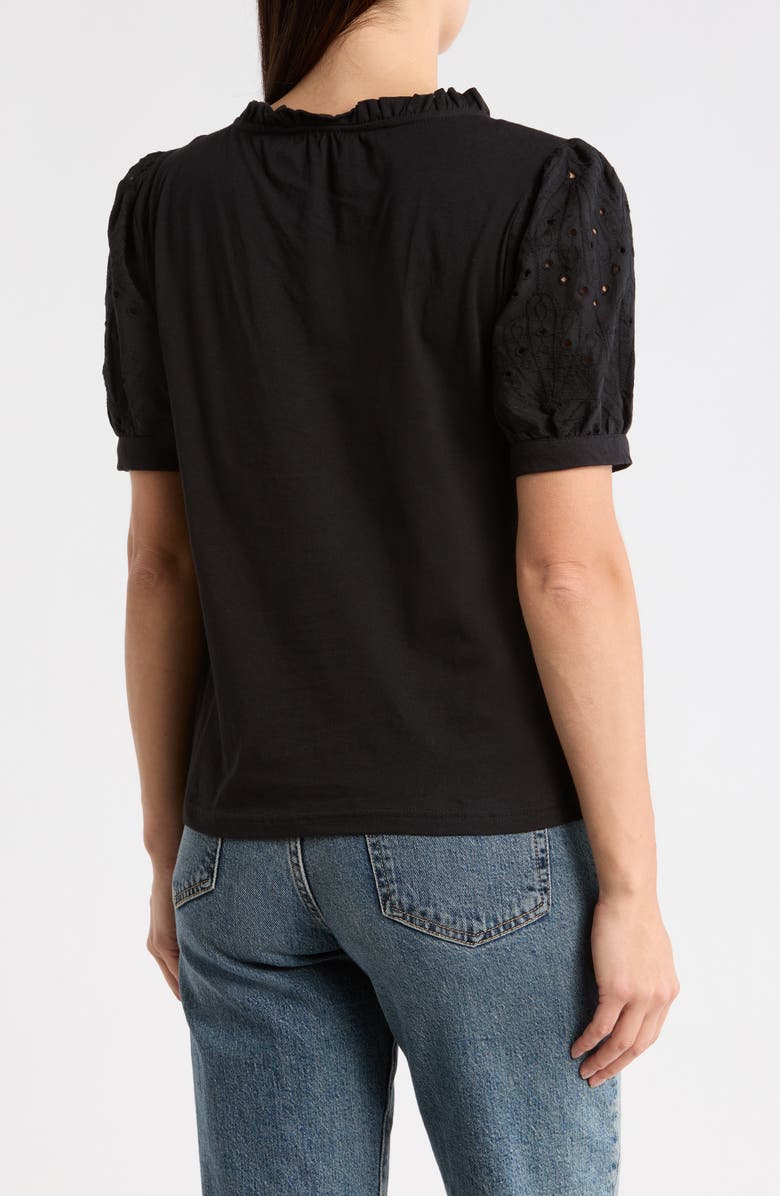 T Tahari Embroidered Short Sleeve Peasant Top, Alternate, color, Black