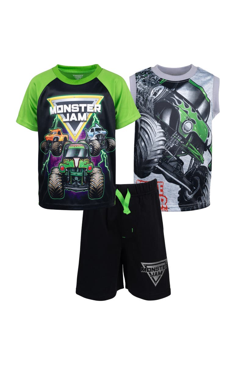 Monster Jam 3pc Tank Top, Tee & Shorts Set, Main, color, Black Green Monster Jam Trucks