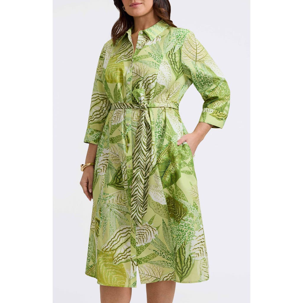 Foxcroft Fiona Botanical Print Belted Shirtdress In Green Multi