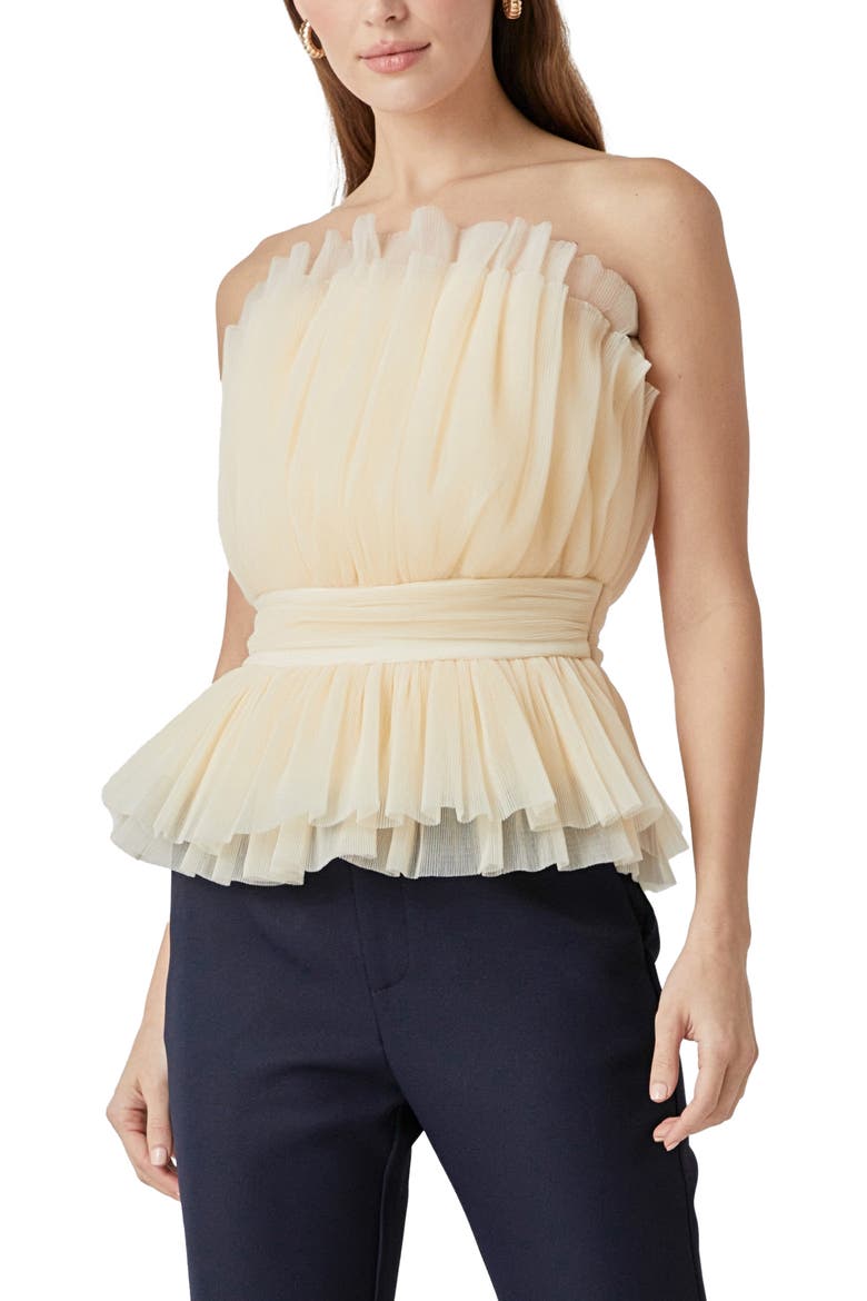 Strapless Tulle Peplum Top, Alternate, color, IVORY