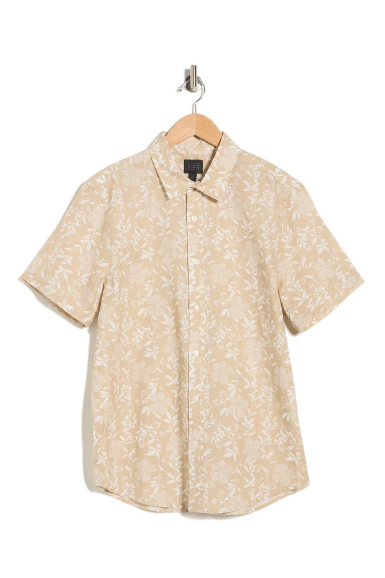 Floral Print Short Sleeve Linen Blend Button-Up Shirt, Alternate, color, BEIGE KHAKI BLOCKED FLORAL