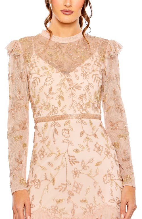 Mac Duggal High Neck Flutter Cap Long Sleeve Tiered Embellish In Blush