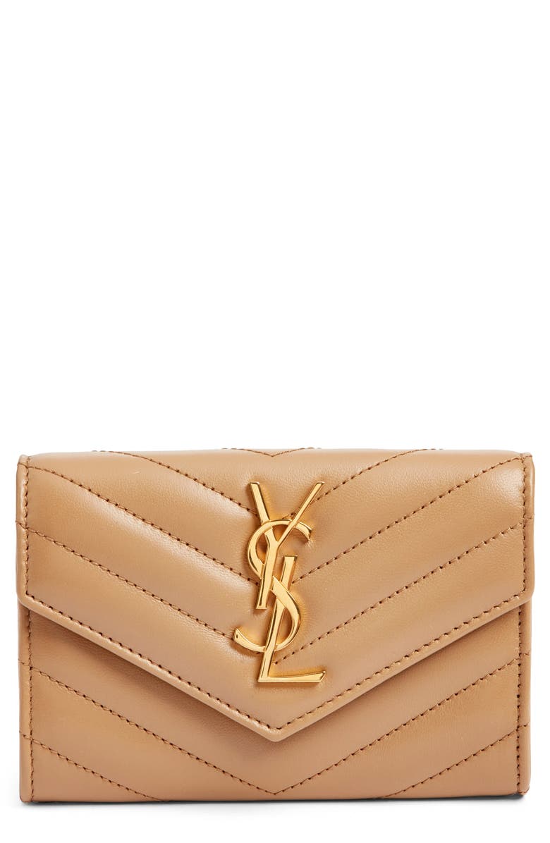 Saint Laurent Small Matelassé Leather Envelope Wallet, Main, color, Natural Tan