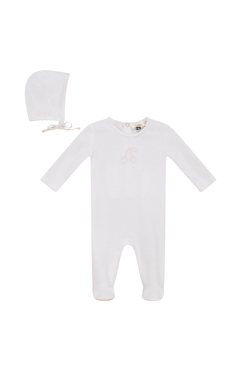 Bebe Bella Cherry Print Romper and Bonnet Velour Set, Main, color, White/Pink