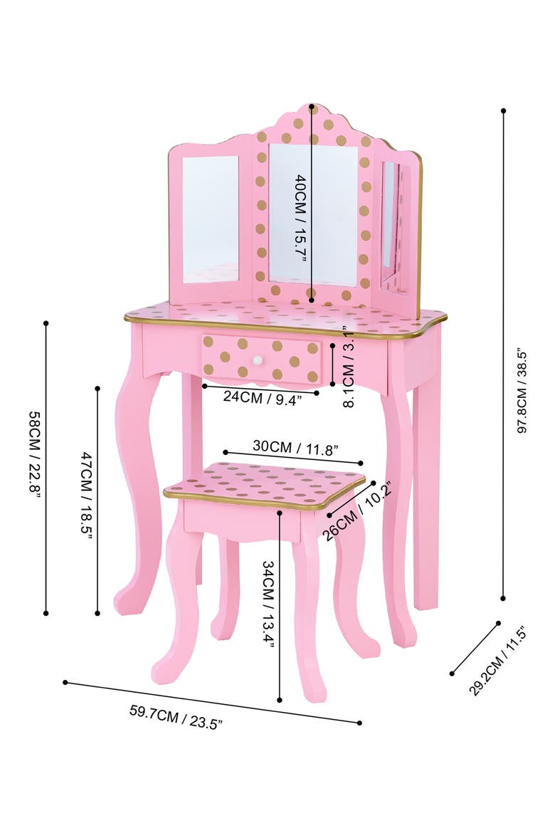 Fantasy Fields Fashion Gisele Polka Dot Vanity & Stool, Alternate, color, PINK / GOLD