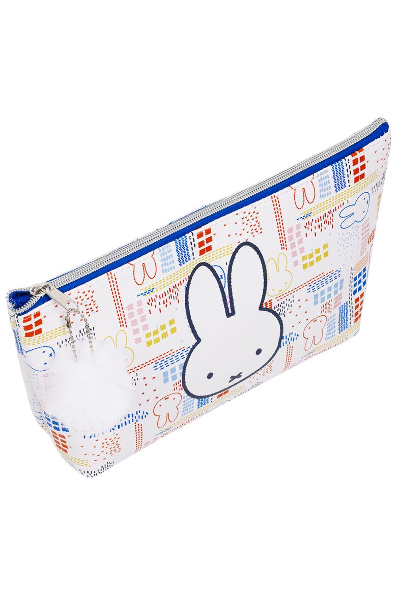 Allover Print Trapezoid Cosmetic Bag with Pom-Pom Charm, Alternate, color, Blue/White