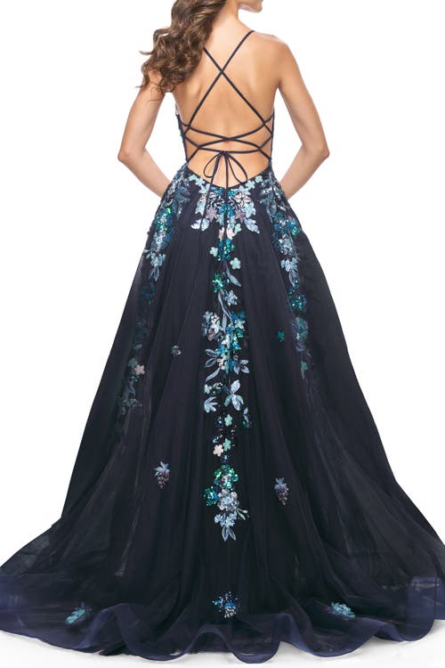 La Femme Gorgeous Sequin Floral Lace Applique A-line Tulle Prom Dress