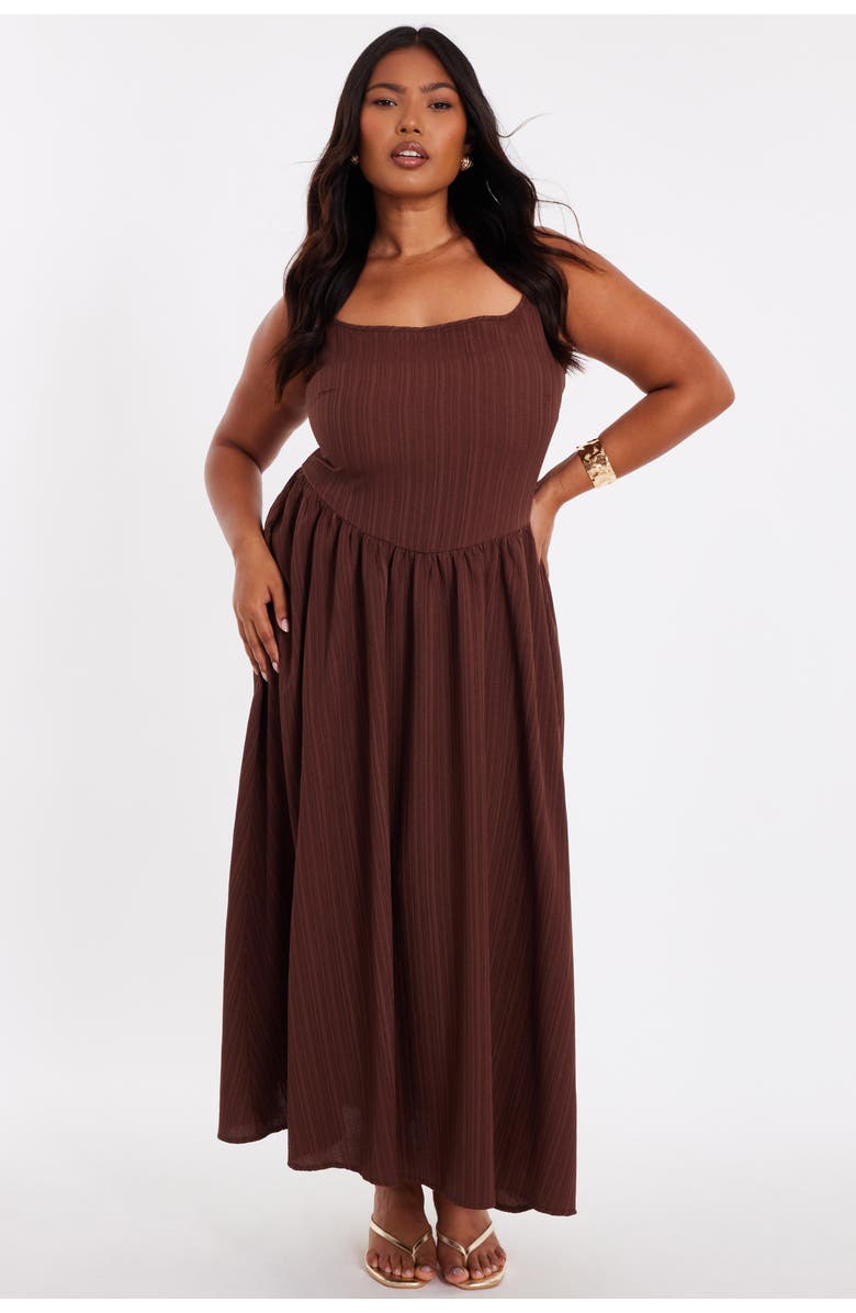QUIZ Plus Size Drop Waist Textured Dress, Main, color, Brown
