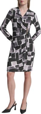 DKNY Long Sleeve Faux Wrap Dress