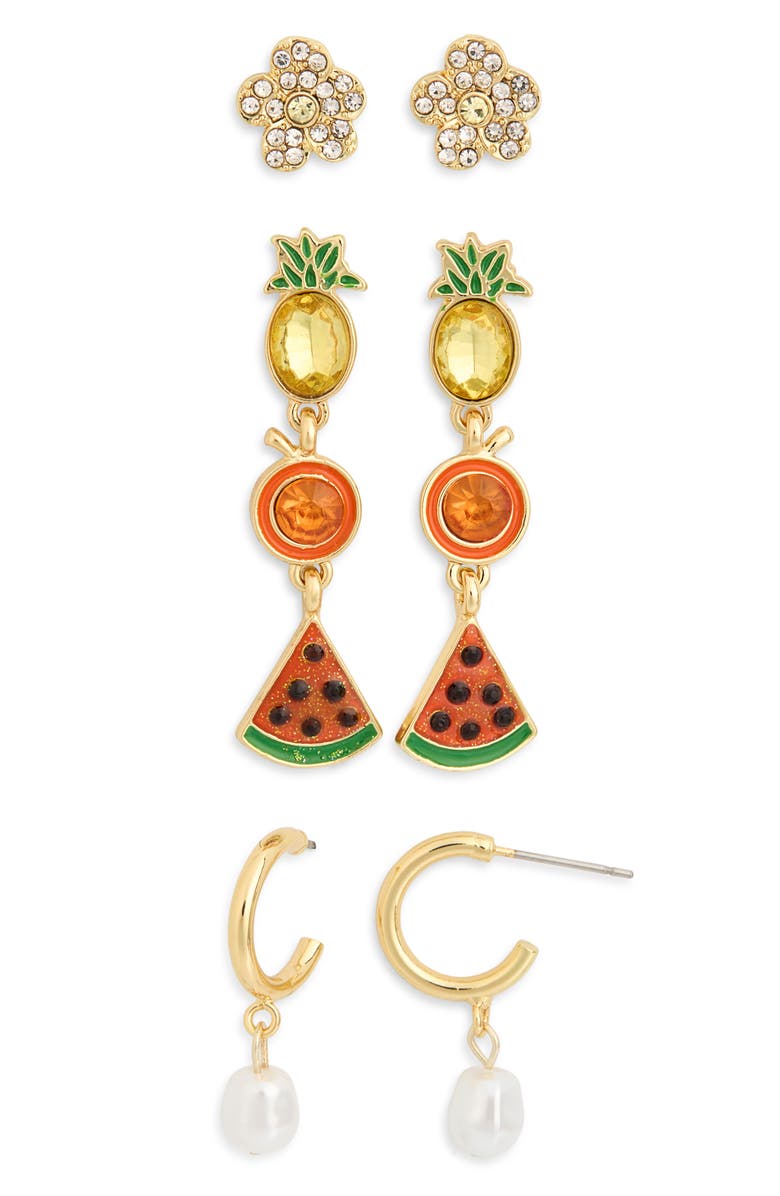 BaubleBar Set of 3 Flower Fruit Stud & Drop Earrings, Main, color,