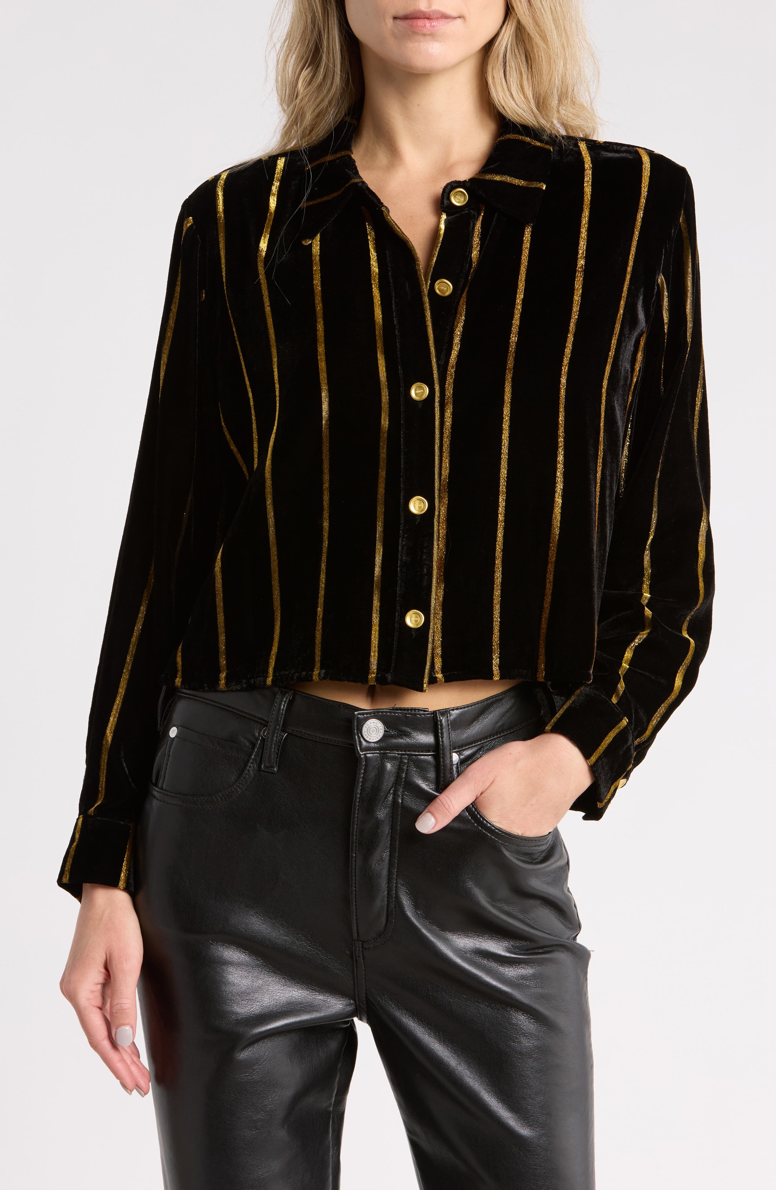 Cosette Cropped Metallic Stripe High-Low Shirt