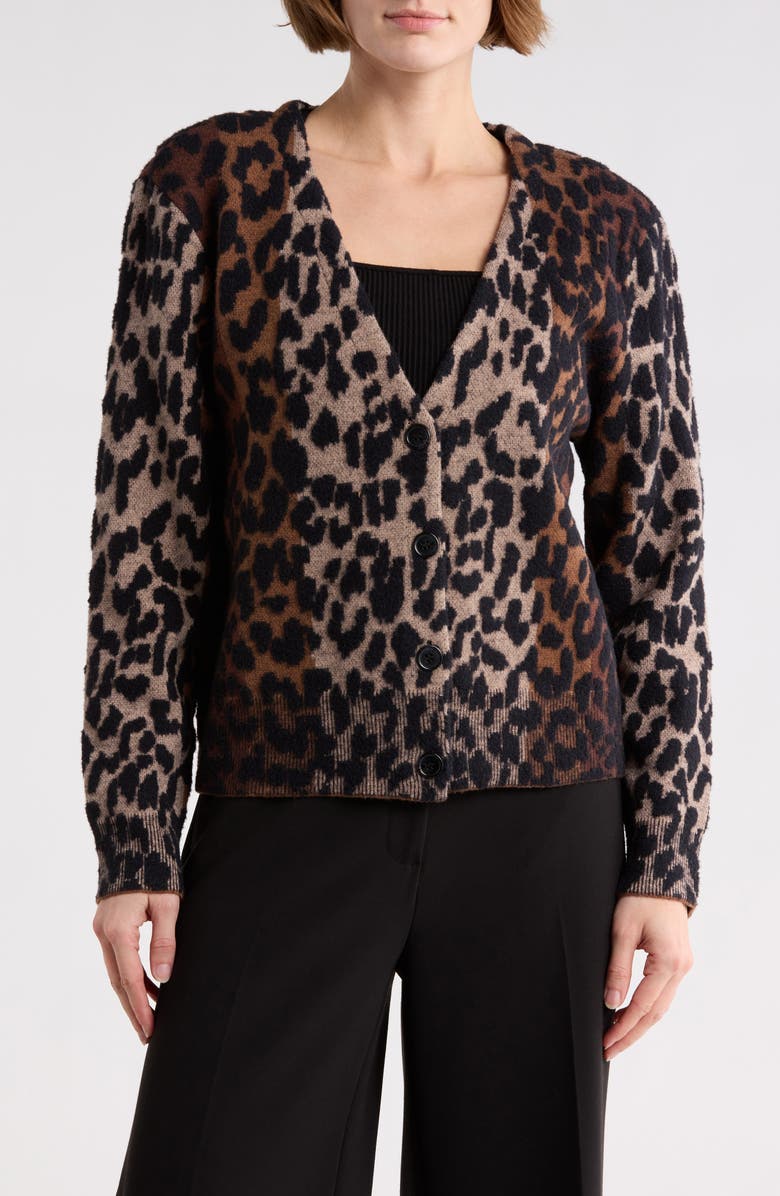 DKNY Jeans V-Neck Leopard Cardigan, Main, color, Burnt Sugar Combo