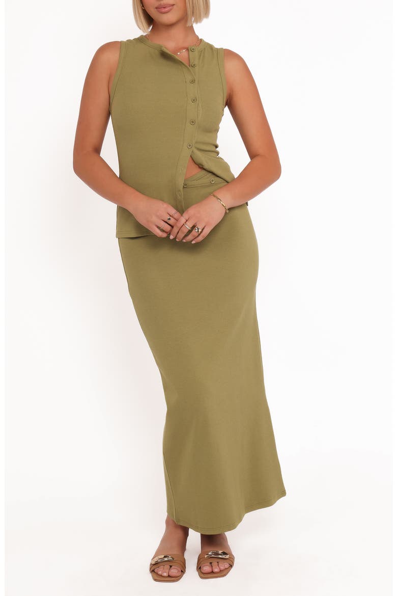 Adeline Button-Up Top & Maxi Skirt Set, Main, color, OLIVE GREEN