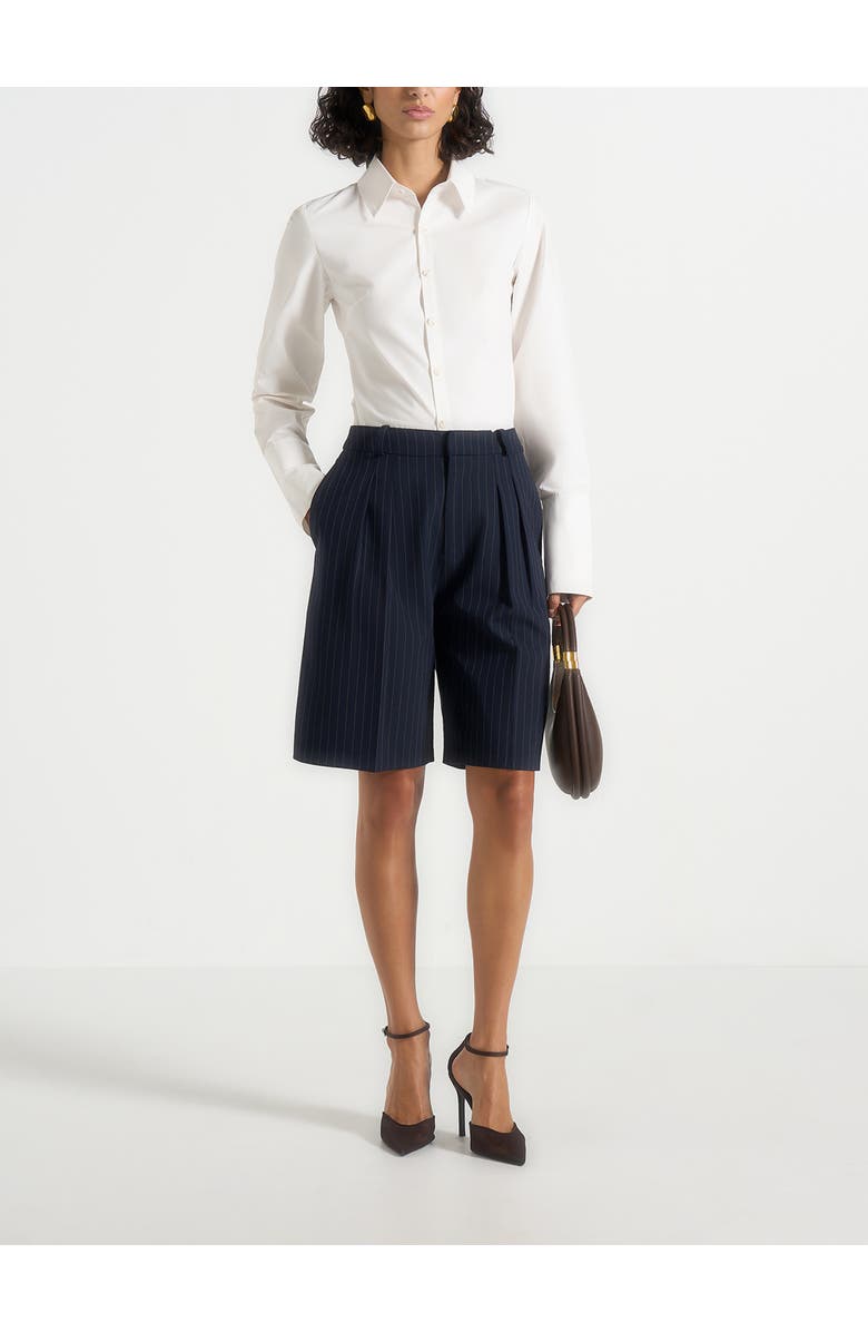 Manière De Voir Lorette Pinstripe Double Pleat Tailored Shorts, Alternate, color, Navy Pinstripe