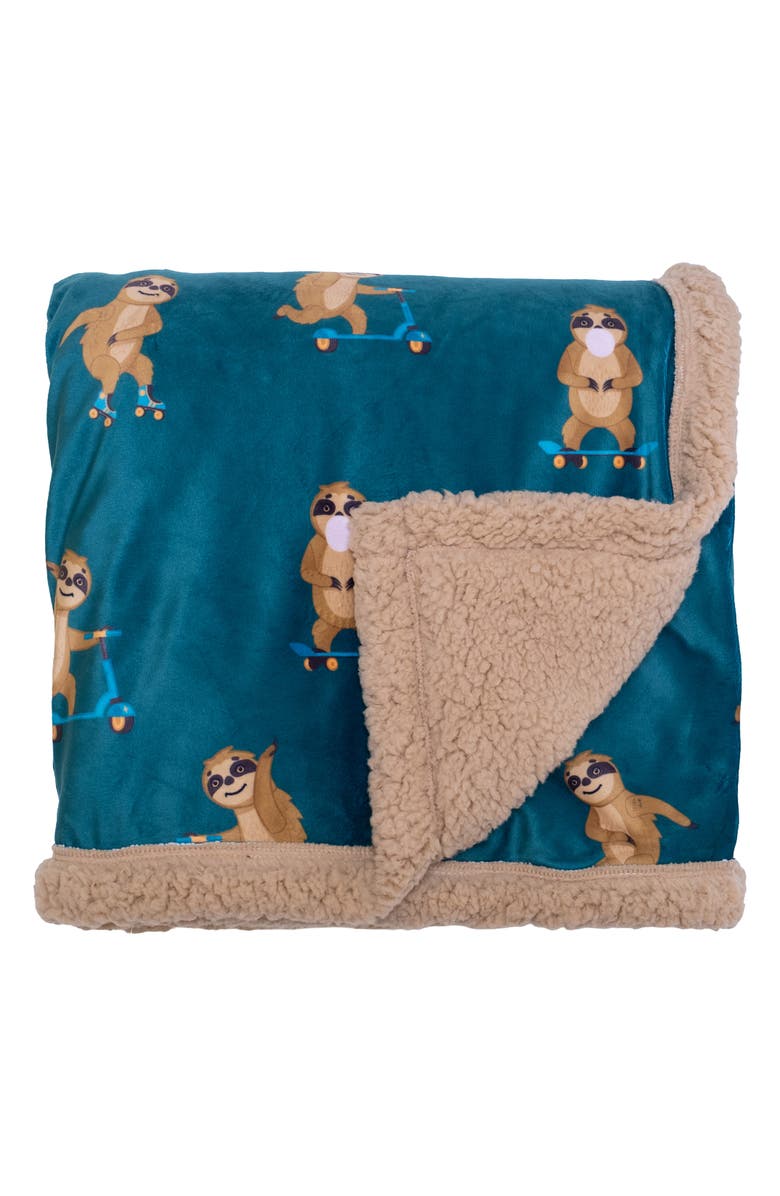 mimish Skating Sloth Reversible Fleece Baby Blanket, Alternate, color, Curry