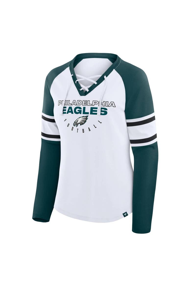 Women's Fanatics White/Green Philadelphia Eagles Redzone Blitz Package Raglan Lace-Up V-Neck Long Sleeve T-Shirt, Alternate, color, White