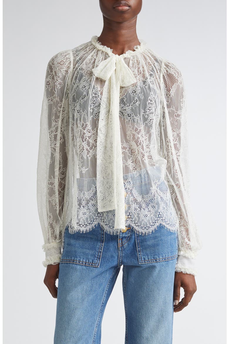 Iliana Pussybow Tie Sheer Cotton Lace Top, Main, color, PEARL