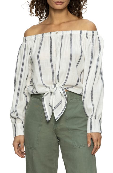売れ筋商品|||ヴィンスカムート カットソー トップス レディース Women's Stripe Off-the-Shoulder Tied-Hem Top Eucalyptus Vince Camuto Women's Bubble Sleeve Off Shoulder Crepe Stripe