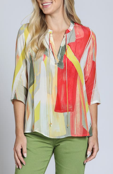 Print Tassel Split Neck Chiffon Top