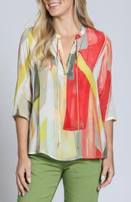 APNY Print Tassel Split Neck Chiffon Top