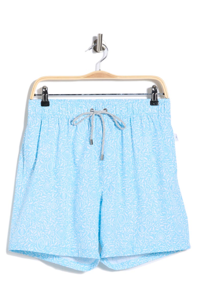 Vintage Summer Shell Print 4 Way Stretch Volley Swim Trunks, Main, color, Blue