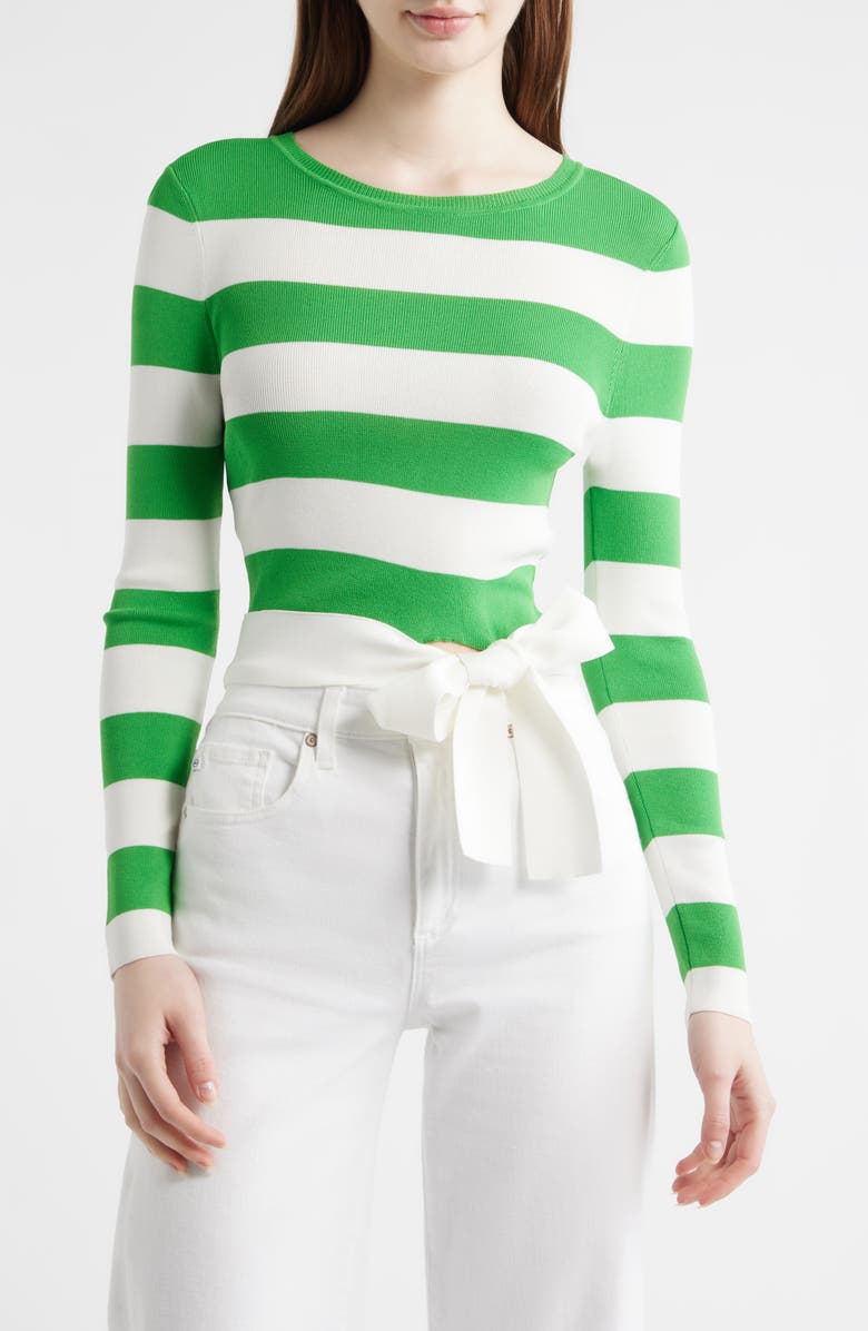 Milly Gia Stripe Tie Side Crop Cotton Blend Top, Main, color, Green/ White