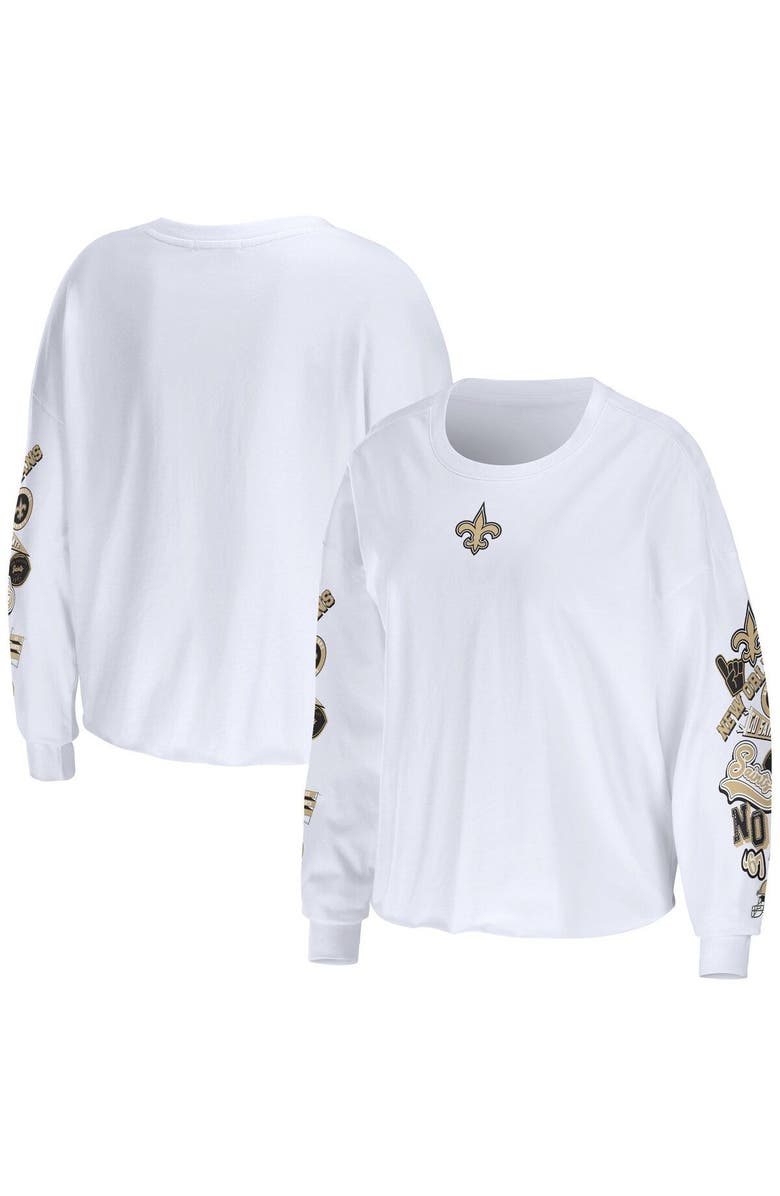 WEAR by Erin Andrews Women's WEAR by Erin Andrews White New Orleans Saints Celebration Cropped Long Sleeve T-Shirt, Main, color, 