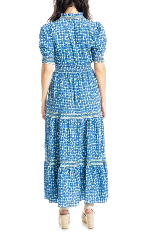 Max Studio Floral Short Sleeve Tiered Maxi Dress In Blue/cream Poppies Field