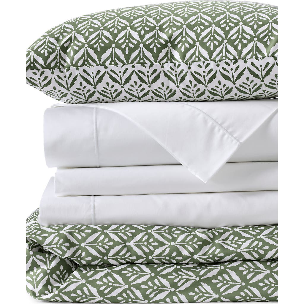 Lands' End 400 Thread Count Premium Supima Cotton No Iron Sateen Duvet Bed Cover In Stone Green Wood Block Floral