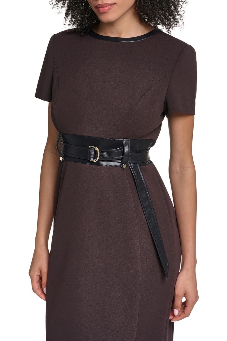 Faux Leather Detail Belted Scuba Crepe Sheath Dress, Alternate, color, ESPRESSO/ BLACK